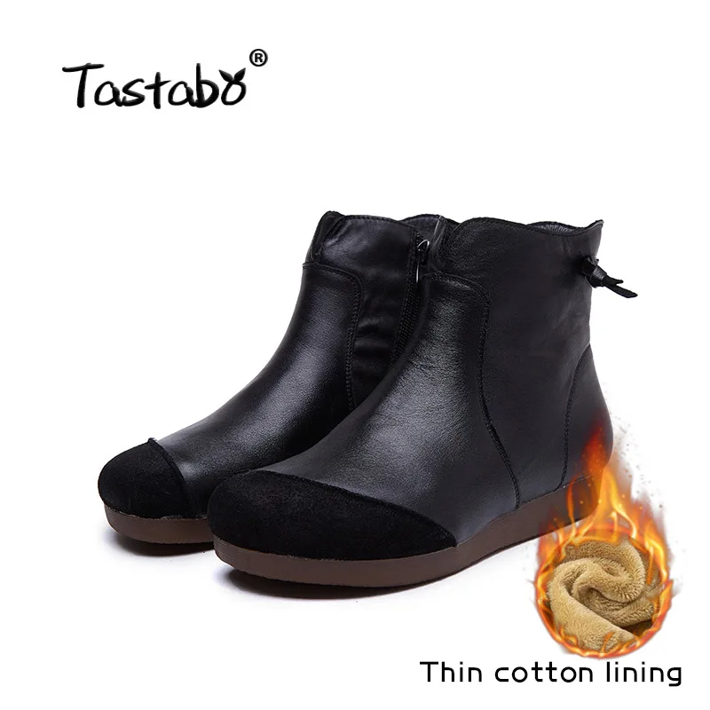 Tastabo г. Осенне-зимние женские ботильоны повседневная кожаная обувь ручной работы в винтажном стиле женские ботинки коричневого и черного цвета, размеры 35-40, S335 - Цвет: Plus cashmere Black