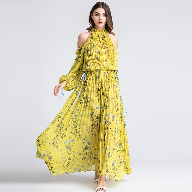 Goodlishowsi Boho пляжное платье для отдыха женское Макси платье с цветочным принтом Плиссированное Холтер с открытыми плечами и Спиной Длинное Макси платье