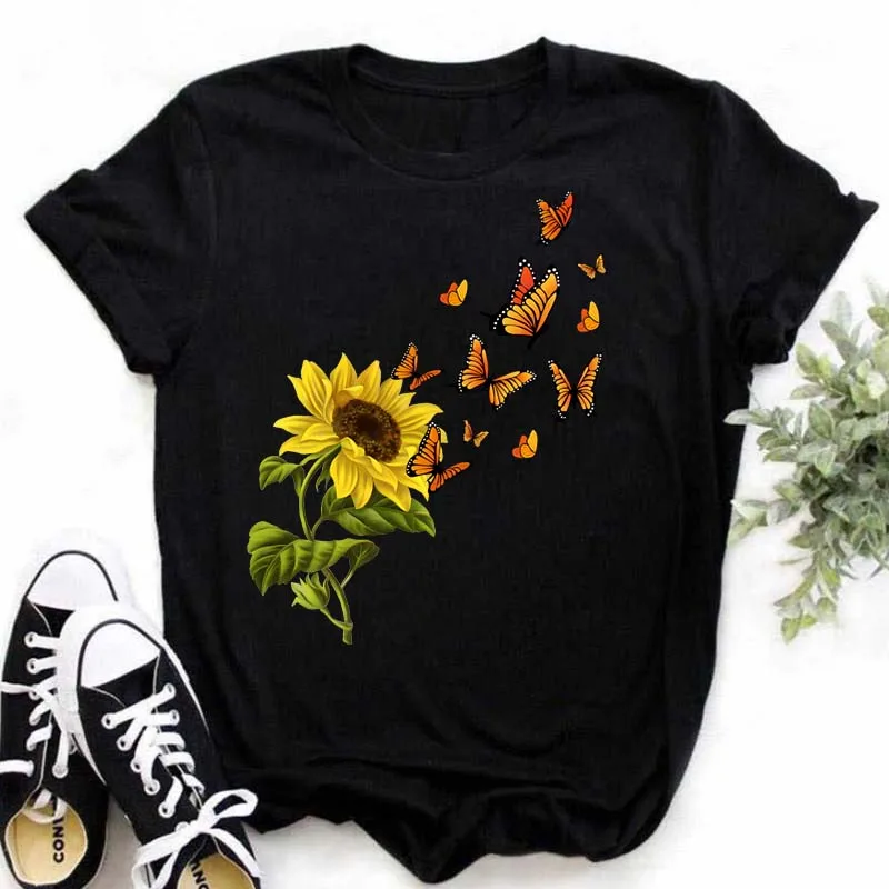 Maycaur Women's T-shirt Casual Kawaii Sunflower Butterfly Pattern Print Tshirt Comfortable Casual Women's Clothing Black Top cheap t shirts Tees