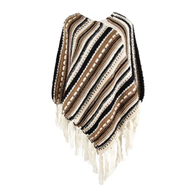 Пончо Накидки для женщин зимние теплые Boho Полосатый кисточкой Шали вязаный кашемировый шаль модный элегантный свитер - Цвет: K