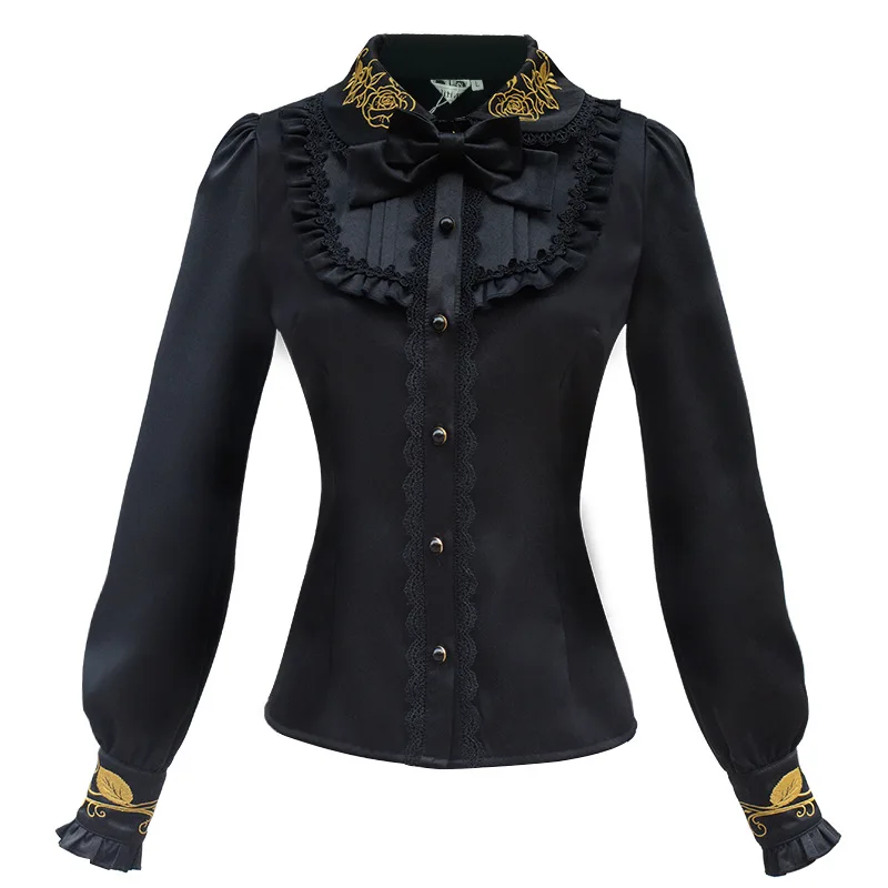 Women Lolita Winter Long Sleeve Shirts Warm Flannel Lining Gold Rose Embroidery Bowtie Collar Agaric hem Vintage Royal Blouses | Женская