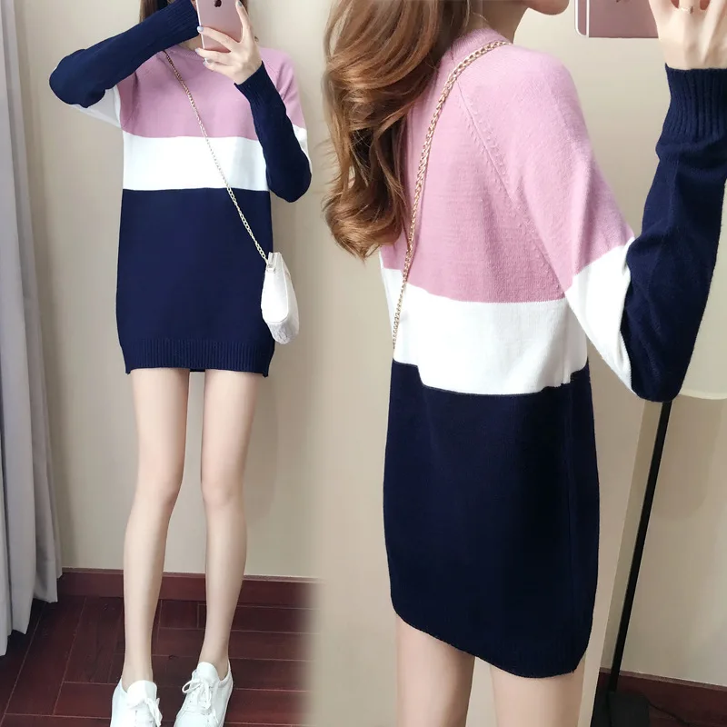 

2019 Autumn And Winter New Style Mixed Colors Loose And Plus-sized Dress Women's Long-Sleeve Base Skirt Mid-length Slimming A- l