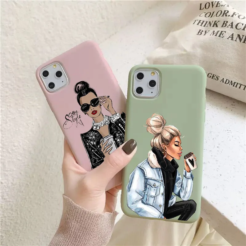 Fashion Matcha Green Tpu Case For Iphone 11pro 12pro Max Black Brown Hair Coffee Girl Cover For 12mini Xs Max Xr 8 7 6s Plus Se Phone Case Covers Aliexpress