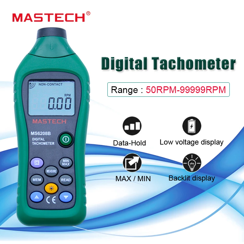 MASTECH Бесконтактный цифровой тахометр RPM метр Tacometro скорость вращения 50 RPM-99999 RPM 100 Удержание данных MS6208B