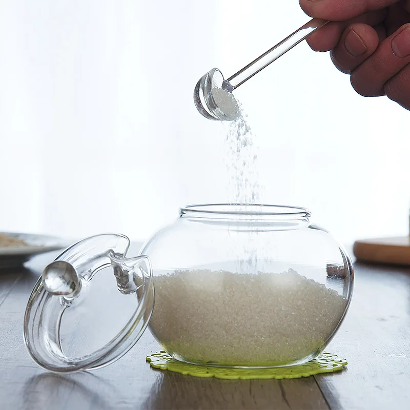 250ML Crystal Glass Jar With Lid Spoon Candy Spice Pots Spicing Sugar Bowl Home Transparent Flatware Kitchen Cooking Organizer spice container glass honey jars sugar bowl