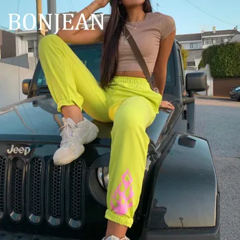 

BONJEAN Print Pants for Women 2019 Autumn Bottom Long Yellow Trousers Elastic Waist Loose Pants Blue Straight Pants BJ1621