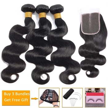 

body wave 3 bundles with closure Brazilian hair weave bundles and closure non-remy Peruvian human hair bundles with closure