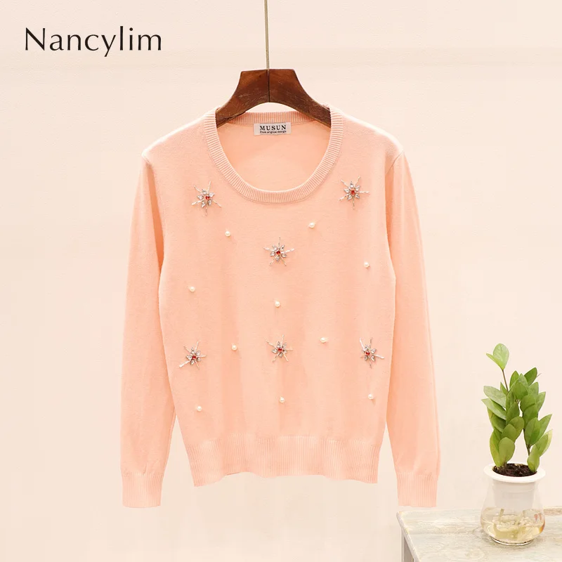 

Spring Autumn Pullovers Sweater for Woman New Female Beaded Studded Stars Joker Long Sleeve Pullover Sweater Sweaters Knit Blusa