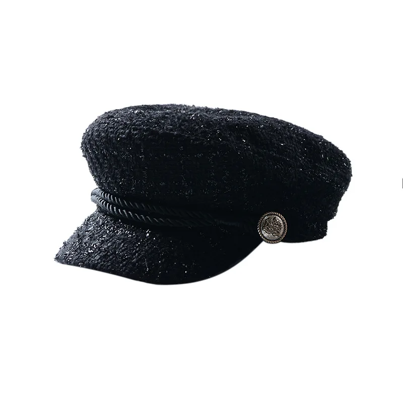 Autumn Winter Hats For Women Military Cap Shiny Wool Beret Cap British Style Flat Hats Black Vintage Captain Cap Casquette