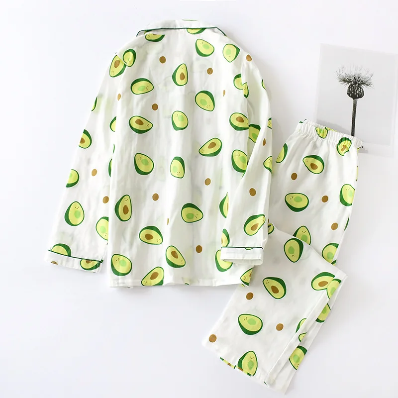 Goedkoop Dames Comfortabele Pyjama Set 100% Katoenen Gaas Cartoon Avocado Gedrukt Vrouwelijke Nachtkleding 2 Stuks Turn down Hals Vrouwen Shirt + broek