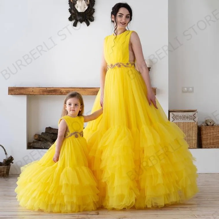Mother & Kid Yellow Tulle Puffy Dress Ruffled