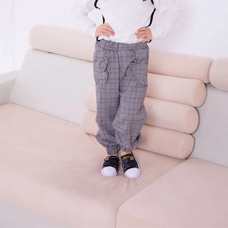 New Style Girls British Style Plaid Korean-style Frilled Closing Foot Elastic Casual Trousers Slim-Fit Pants Y0079