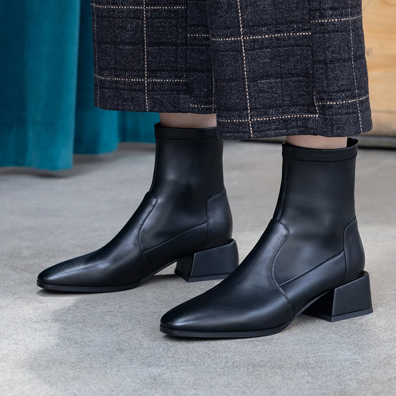 

ALLBITEFO Two kinds of genuine leather women boots Square toe ankle boots Autumn Winter comfortable Pure color fashion boots