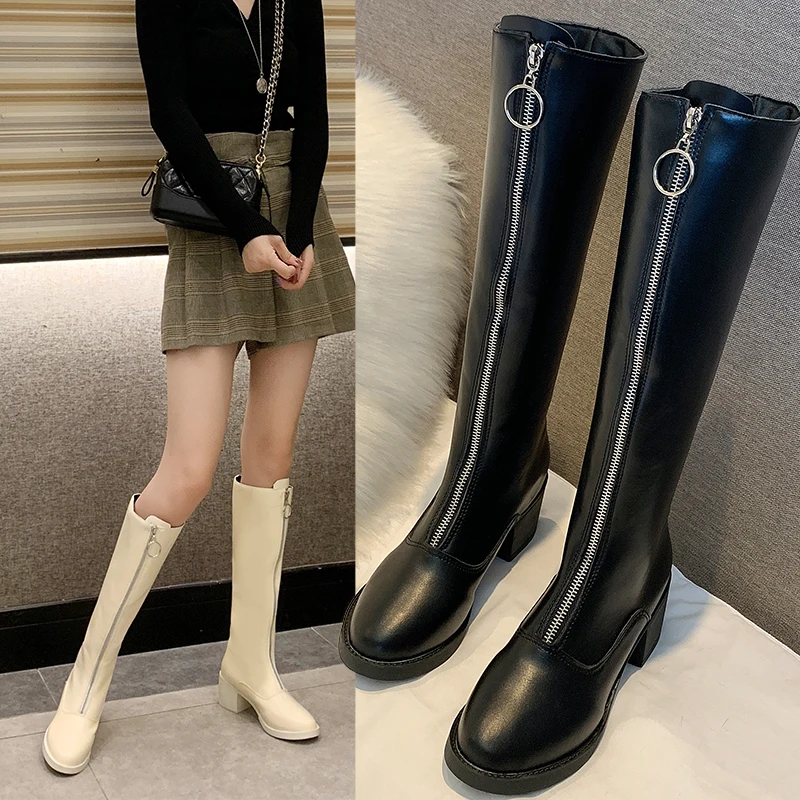 Round Toe PU Botas Mujer Shoes Woman Boots Autumn Comfortable Rubber Knee High Women Thick Heels Pumps 2019 | Обувь