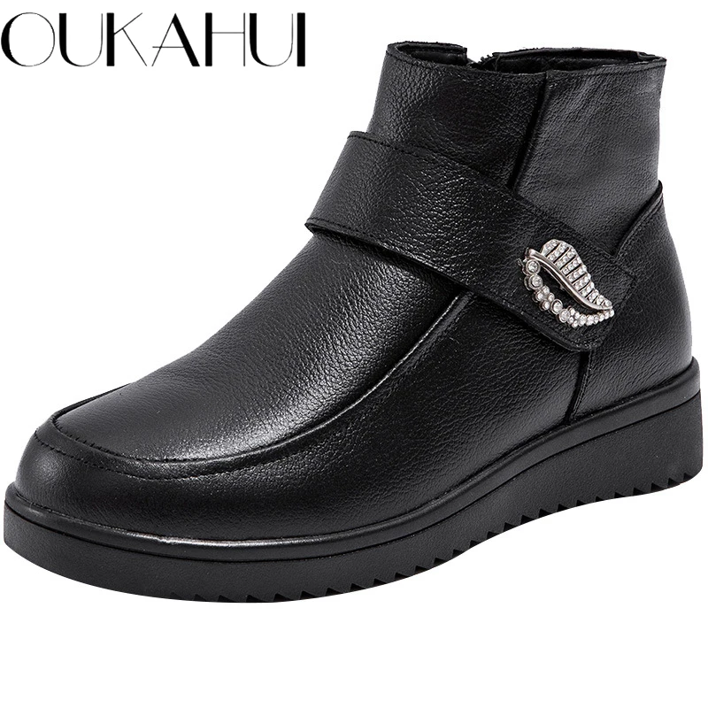 

OUKAHUI Spring Warm Plush Black Winter Genuine Leather Boots Women 2020 Crystal Hook And Loop Zip Waterproof Ladies Ankle Boots