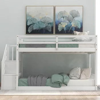 

Children's Bunk Bed 50.6 Feet High Stairs Storage Ladder With Handrails With Double Guardrails Safe And Versatile Furniture Bed