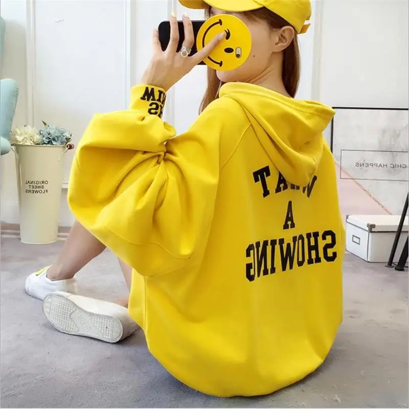 

Harajuku Lantern Sleeve Hoodies Women Hooded Sweatshirt Winter Autumn Pockets Tracksuits Letter Printed Casual Pullovers Hoodie