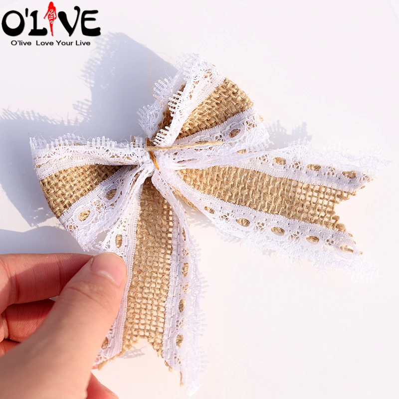 12 Pcs Natural Jute Burlap Bow Lace Border Ribbon Trim Rustic Wedding Party Decoration Gift Box Packaging DIY Decorative Bowknot | Дом и сад