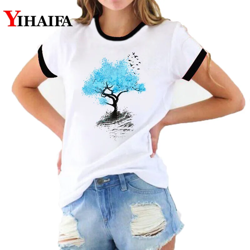 

3D T Shirts Women Print Painted Blue Tree Graphic Tees Summer Short Sleeve Streetwear Female White Casual Ropa Mujer Tops