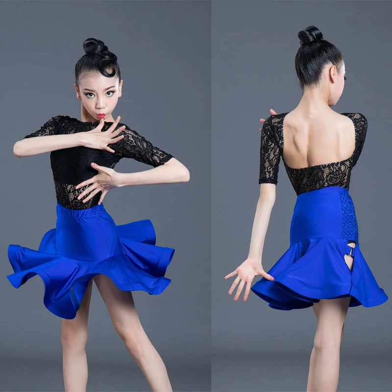 

New Girls Latin Dance Skirt Ballroom Salsa Tango Skirts Kid Child Lace Latin Dance Split Dress With Leotard And Skirt