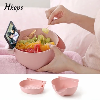 

2019 Creative Storage Box Bowls Lazy Snack Bowl Drain Basket Plastic Double Layers Snack Fruit Plate Bowl With Phone Holder