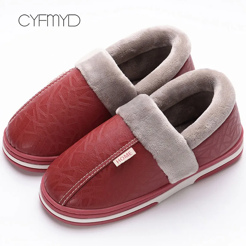Женские зимние плюшевые тапочки, большие размеры 43-50, лоферы с закрытым носком, классические тапочки на плоской подошве, женская домашняя обувь из искусственной кожи - Цвет: Red