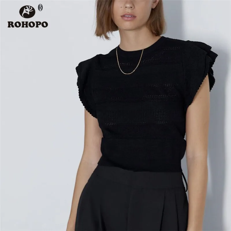 

ROHOPO Butterfly Sleeve Hollow Out Round Collar Tunic Black Pullover Crop Blouse Shirt New Fashion #2254
