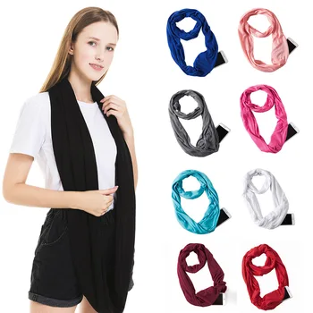 

2019 new winter women Scarf solid color jersey warm convertible journey wrap with secret hidden zipper pocket scarfs for ladies