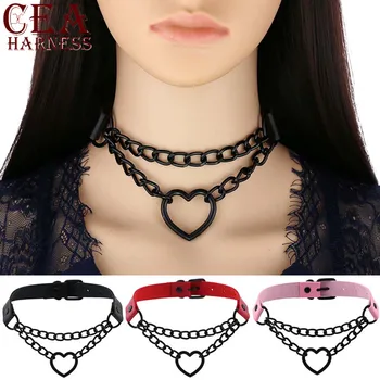 

CEA Leather Choker Collar Women Goth Neck Chain Sexy Necklaces Bondage Party Club Heart Shaped Colors Neck Strap Chain Belts