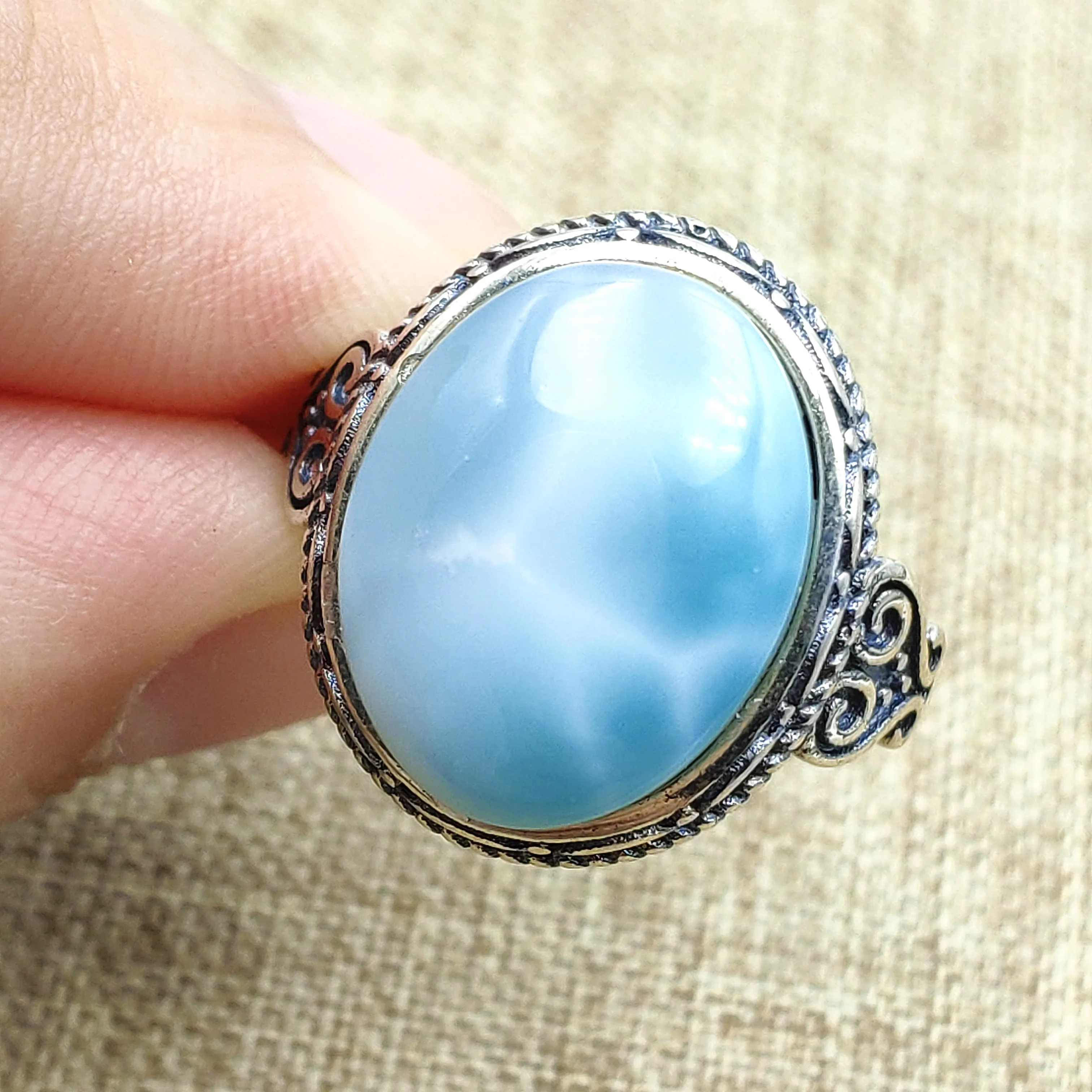 Top Natural Blue Larimar Adjustable Size Ring Jewelry 925 Solid Silver Woman Love Gift 15x12mm Crystal Ring AAAAA