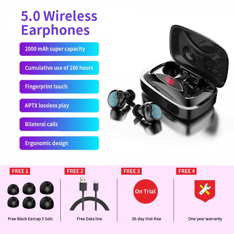 Наушники-вкладыши TWS Bluetooth 5,0 наушники мини Беспроводной наушники с 2000 мАч светодиодный Мощность Дисплей сенсорная кнопка Шум снижение Спорт Bluetooth гарнитура