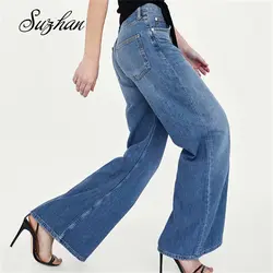 Suzhan, высокая талия, бойфренд, широкие ноги, женские синие джинсы, корейские штаны, брюки, свободные, осенние джинсы, Mujer