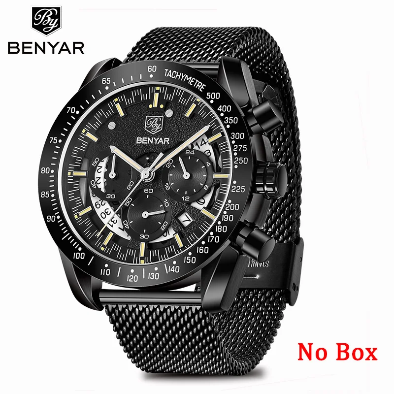 Black Yellow No Box BENYAR наручные часы Мужские кварцевые хронограф мужские часы Ttop брендовые Роскошные Модные Военные мужские часы часы Relogio Masculino - Цвет: Black Yellow No Box