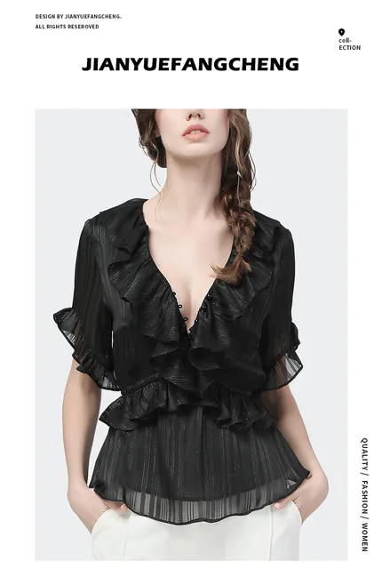 Camicetta Donna Maniche Corte Scollo A V - Elegante, Tinta Unita, Estiva - Foto 7