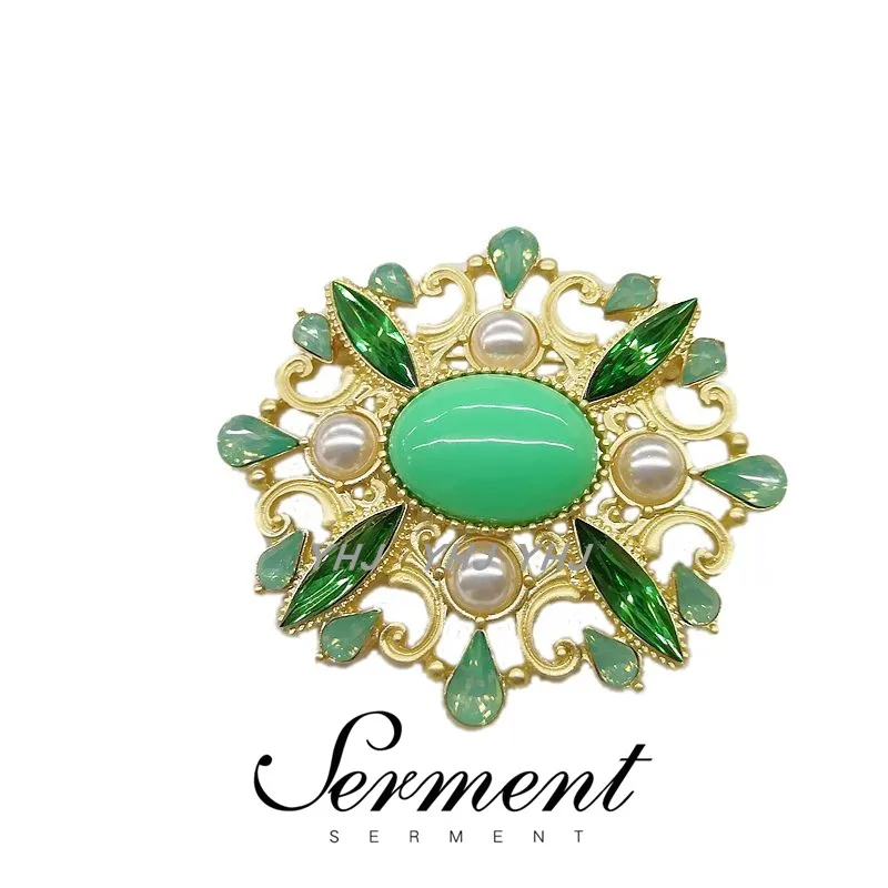 

SERMENT Baroque Green Crystal Brooches Female Resin Pearl Brooch Pin Pins Women Lapel Pins Wedding Party Jewelry Best Gift