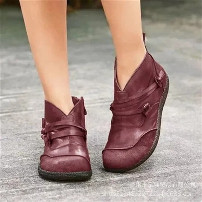 

2019 Autumn New Vintage Side Zipper Women Shoes Comfortable Flat Heel Boots Female Zipper Short Boots Leather Ankle Boots
