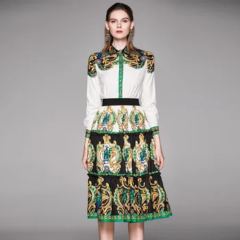 

2 Piece Set Women Designer Runway Skirt Suit Long Sleeve Single-Breasted Blouse Shirt Vintage Print Elegant Long Skirt Set A037