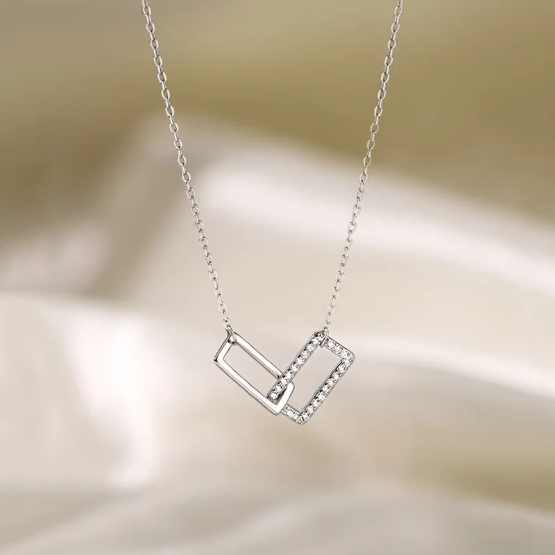 NEW 925 Sterling Silver Necklace Shiny Rectangular Pendant Inlaid Cubic Zirconia Choker Gift For Girls Exquisite Jewelry NK064 - Image 2