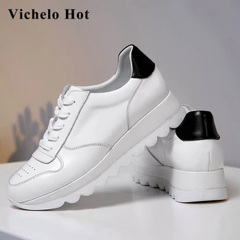 

Vichelo Hot sports style full grain leather leisure convenient white sneaker round toe lace up preppy star vulcanized shoes L6f2
