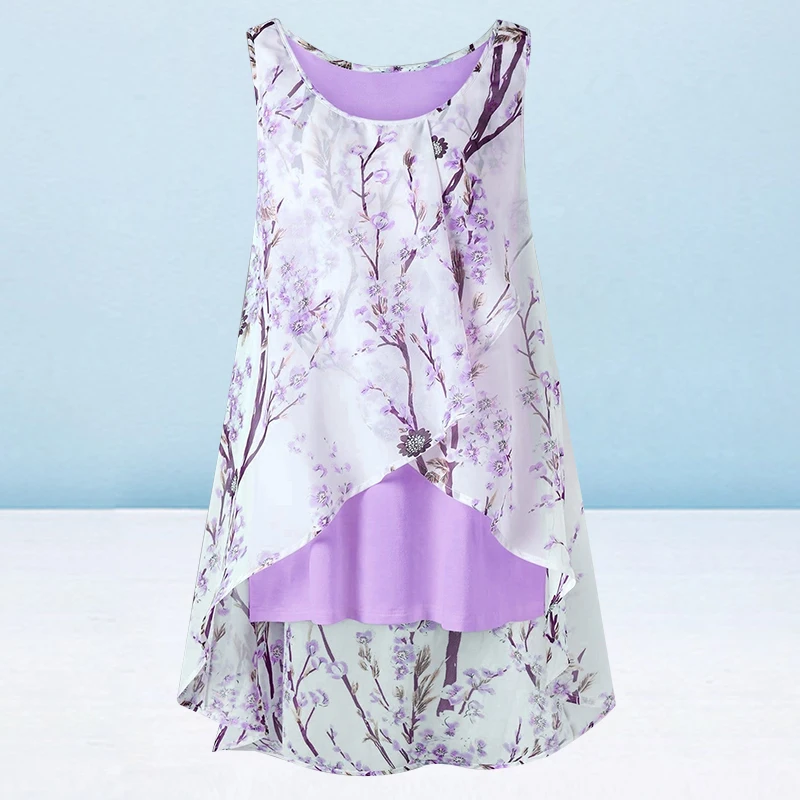Casual Floral Print Tank Top Women O-Neck Sleeveless Patchwork Chiffon Irregular Vest Summer Plus Size S-6XL Pullover Blouse |