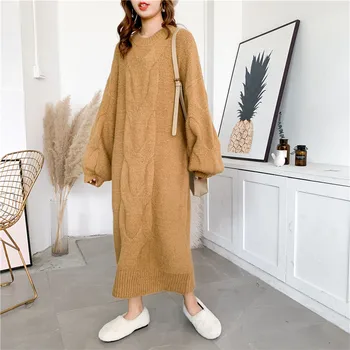 

Elastic Woolen Mohair Blended Knitted Sweater Dresses Women's Pullover Long Thick Loose Autumn Winter Clothes 2020