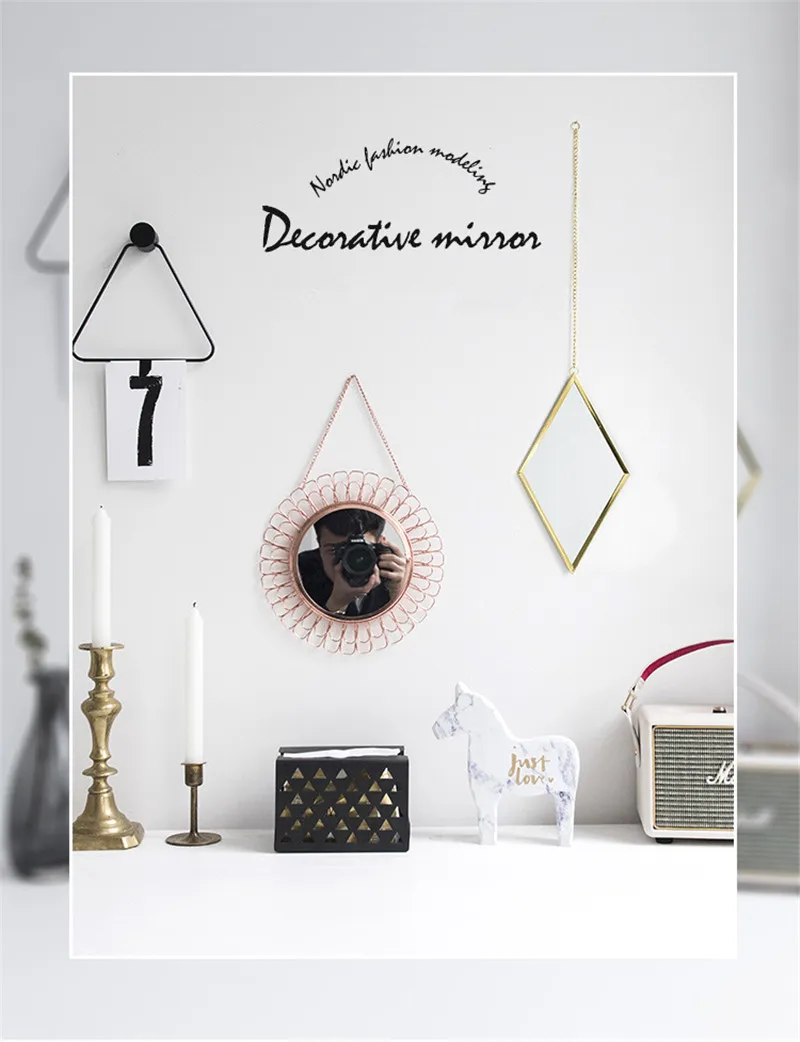 Nordic Metal Gold Decor Mirror Wall Hanging Diamond Shape Mirror Creative Handicraft Living Room Bathroom Hanging Decor Mirror