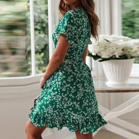 Femmes robes été 2025 Sexy col en V imprimé fleuri Boho Robe de plage à volants manches courtes une ligne Mini Robe portefeuille Robe d'été Robe 3