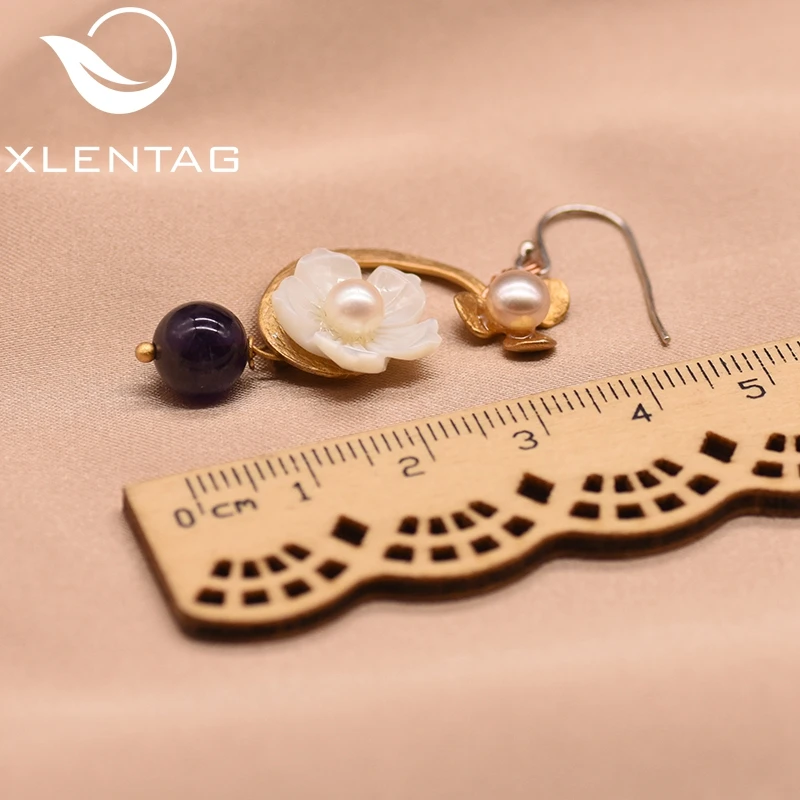 XlentAg Настоящее серебро 925 проба оболочки цветок серьги-подвески с натуральным камнем фиолетовый камень розовый жемчуг ручной работы женские серьги GE0008