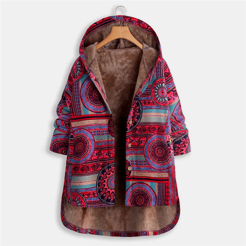 JAYCOSIN Coat Female Women Vintage Ethnic Print Quilted Fleece Hooded Long Sleeve Button Winter Coat chaqueta mujer