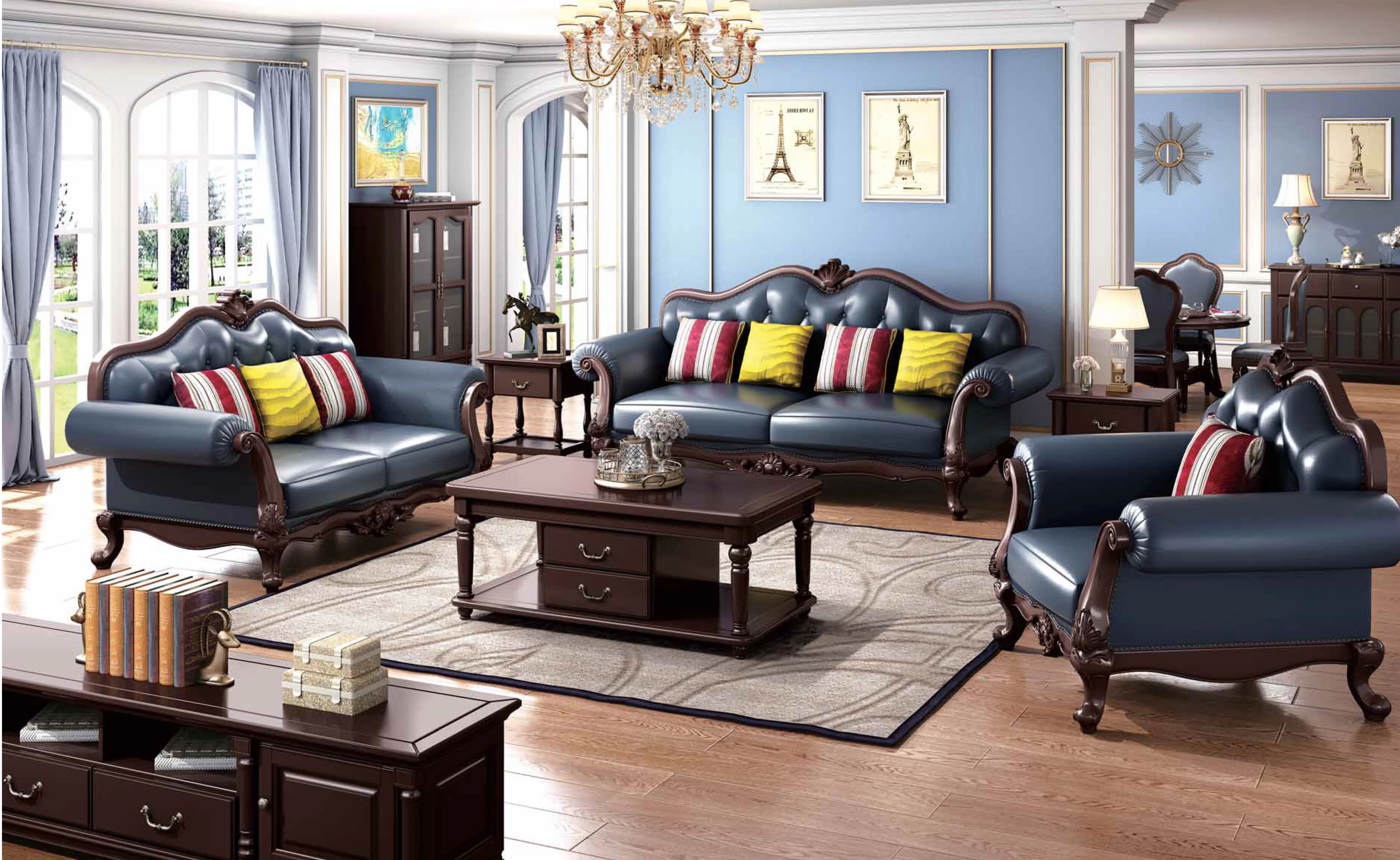 Древесина дуба американский стиль кожаный диван для гостиной для классической обстановки конструкции кресла