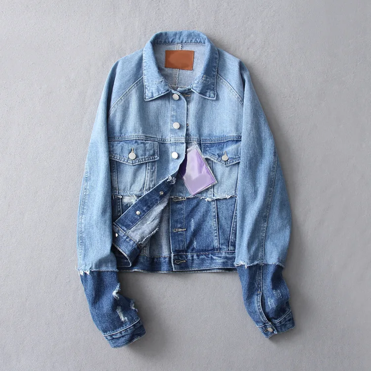 

2018 Western Style Fold-down Collar Contrast Color Joint Jeans Coat Women's A2332
