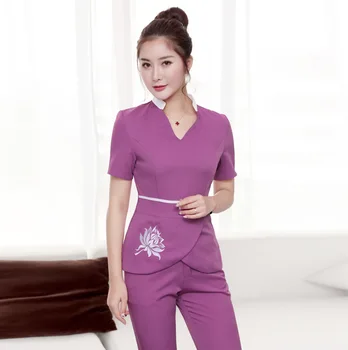 

Women Fashion Uniforms SPA Beautician Nurse Workwear Chiffon Spa Tunic Set Top + Pants Set F624
