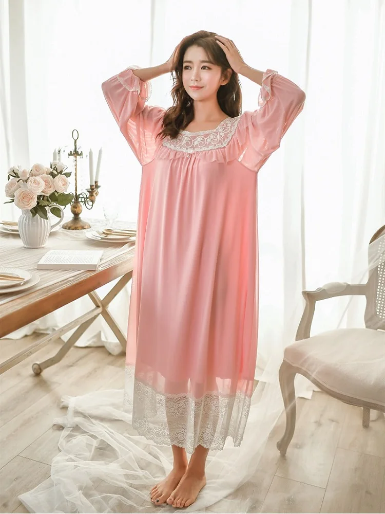 New Sweet Spring Modal Inner Long Nightgowns For Women Vintage Princess Loose White Lace Long Sleepwear 3 Colors Home Wear