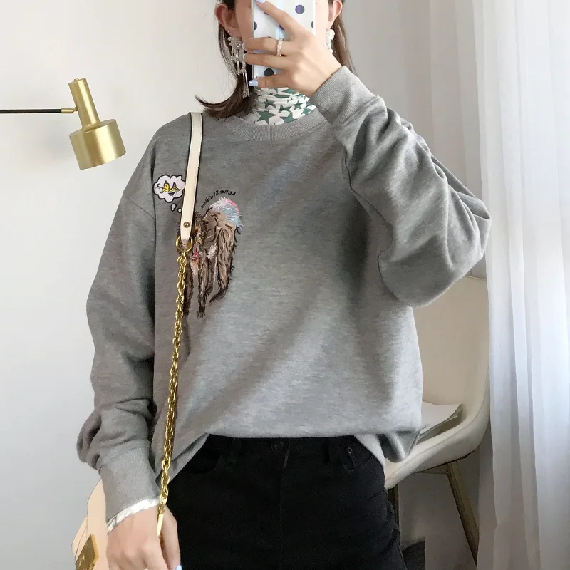 

2019 New Style Autumn Long-sleeved Round-collar Insert Loose Embroidery Easy-to-use Grey Top Clothing Sweatshirt Women
